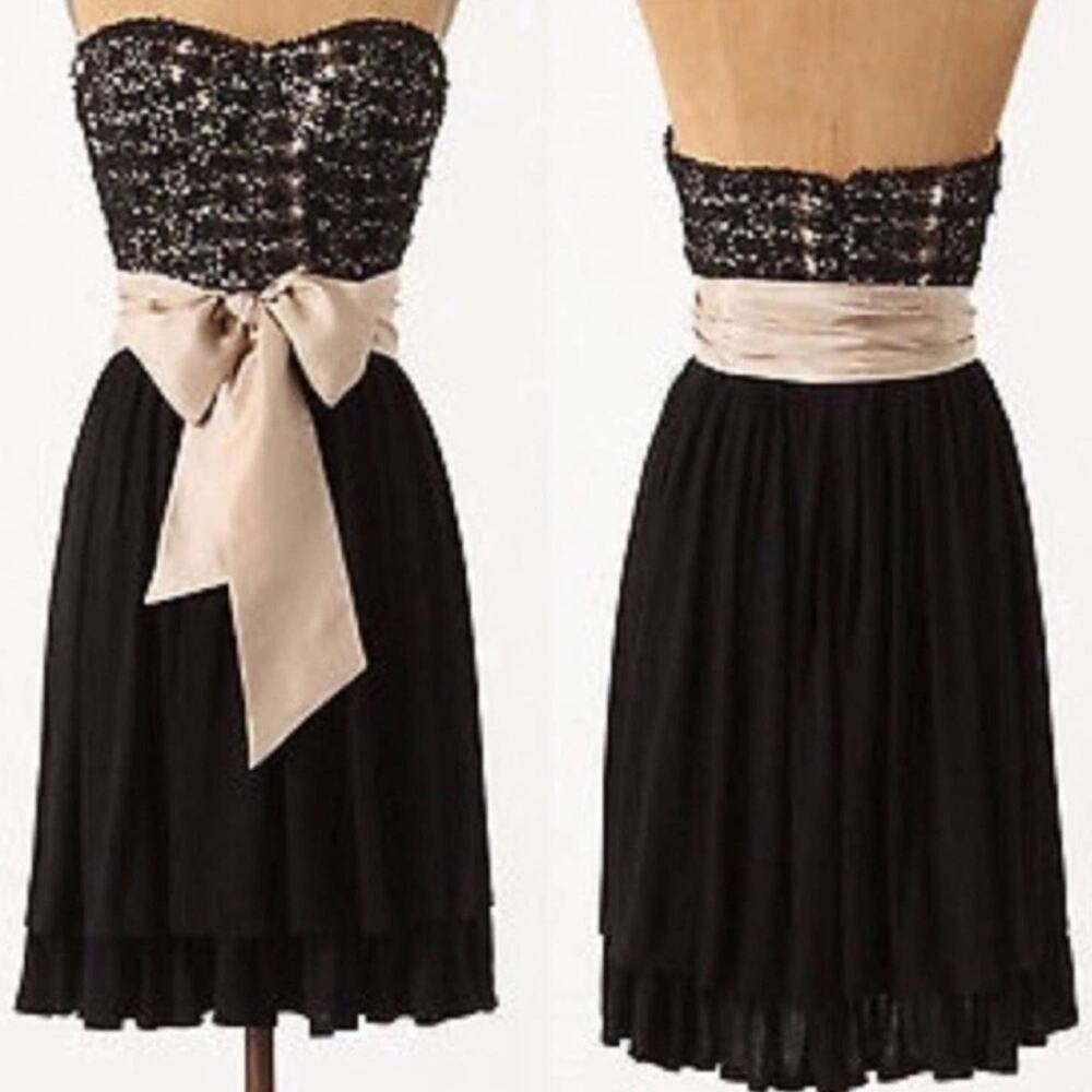 ANTHROPOLOGIE Lil Black Ribbon Tie Crochet Boho Lace And Light Strapless Dress 4